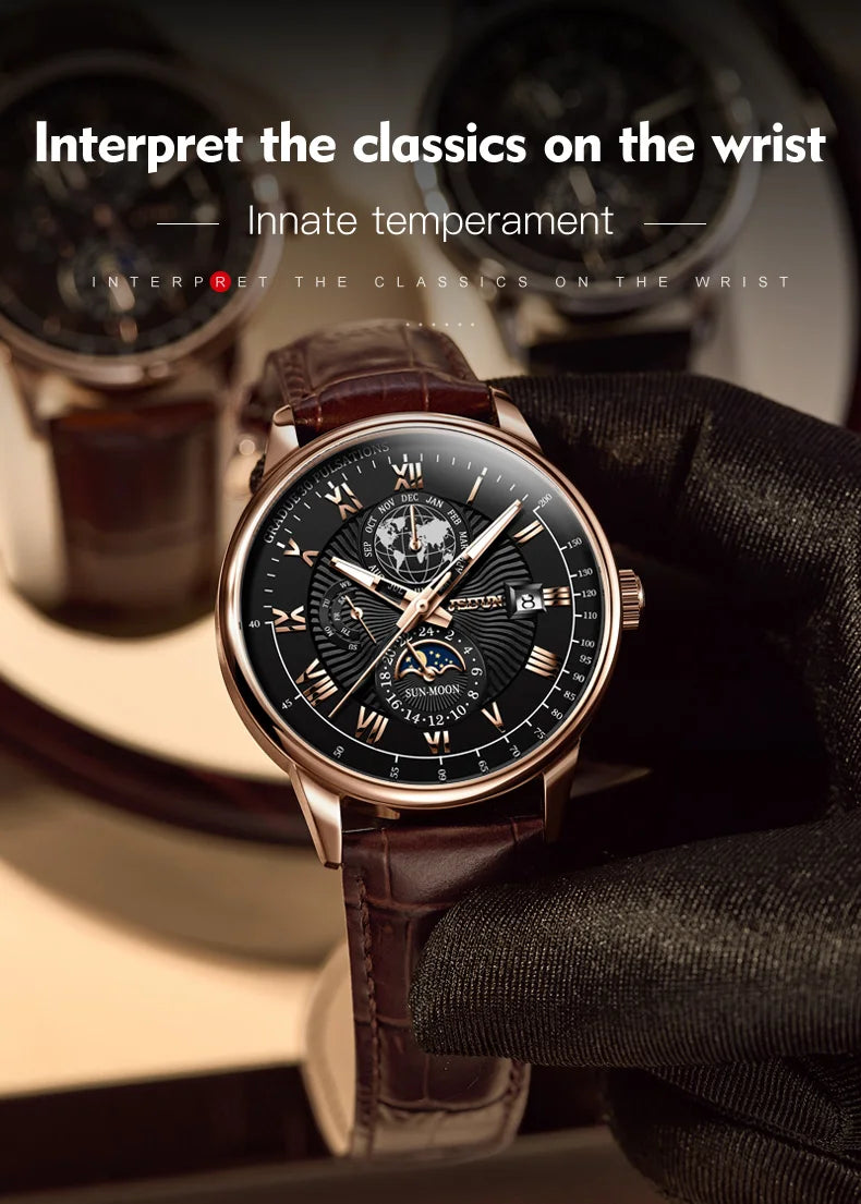 JSDUN Men Mechanical Watch Top Brand Luxury Automatic Watch Leather Waterproof Sports Moon Phase Wristwatch relogio masculino