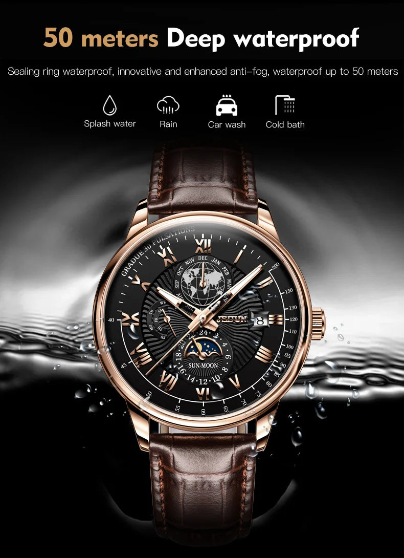 JSDUN Men Mechanical Watch Top Brand Luxury Automatic Watch Leather Waterproof Sports Moon Phase Wristwatch relogio masculino