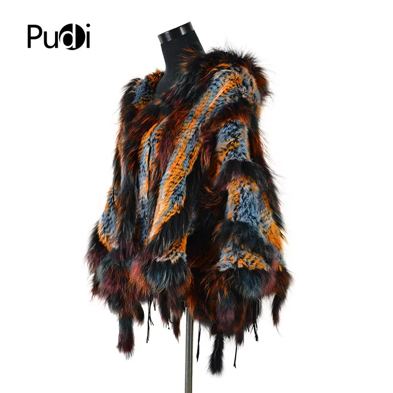 CK708 Real Knitted Rabbit Shawl Poncho Stole With Tassels Shrug Cape Robe Tippet Wrap With Raccoon Fur Collar Women