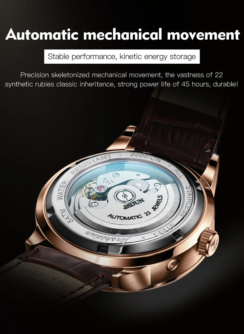 JSDUN Men Mechanical Watch Top Brand Luxury Automatic Watch Leather Waterproof Sports Moon Phase Wristwatch relogio masculino