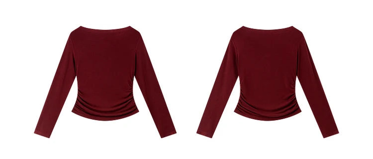 VIMLY Tops Woman 2026 Spring Fall Slash Neck Long Sleeve Ladies T-shirts Casual Knitted Slim Fit Strecth Female Tees A3039