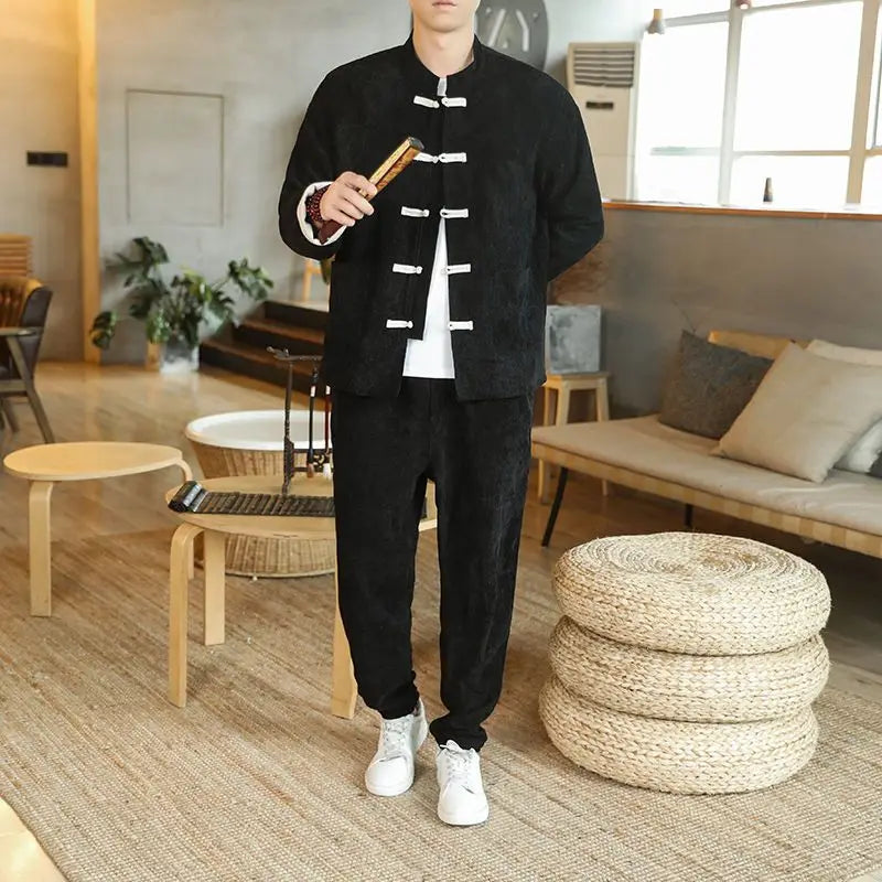 Chinese Style Tracksuit Spring Corduroy Two-piece Set Casual Tang Suit Men's Coat Zhongshan Suit Ancient Buckle Training Wear