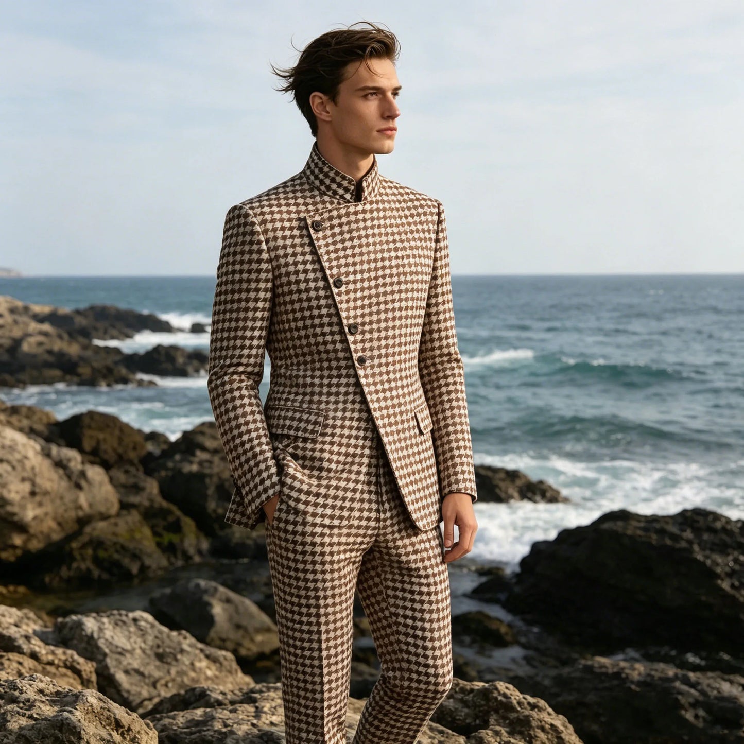 Elegant Men's Houndstooth Suit 2 Piece Mandarin Collar Slim Fit Fashion Jacket Pants Vintage Male Set For Formal Business Weddin