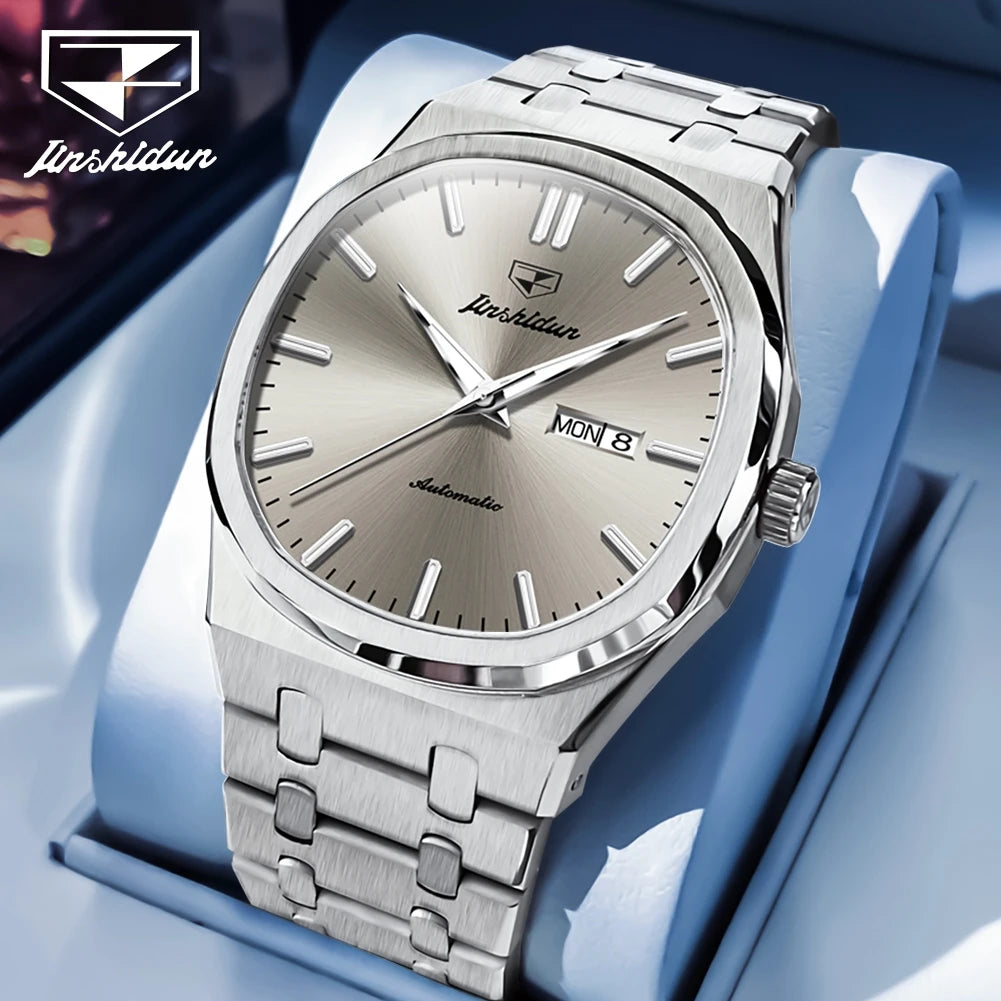 JSDUN 8966 Full Gold Watch for Men Automatic Mechanical Dual Calendar Display Waterproof Night light Man Wristwatch