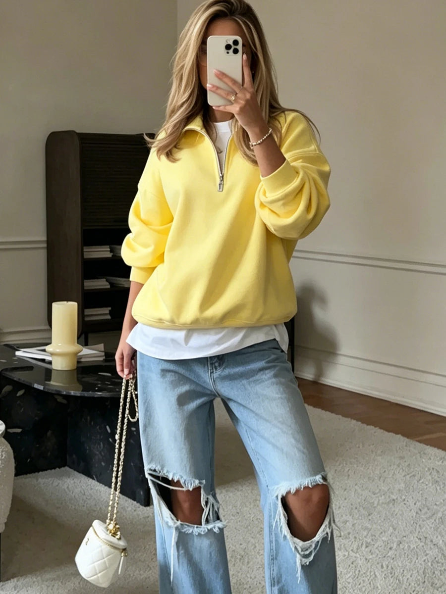 Fashion Women's Zip-up Sweatshirt Oversized Autumn Red Vintage Pinterest Sweatshirt with Zipper Cotton Long-sleeved Street Style