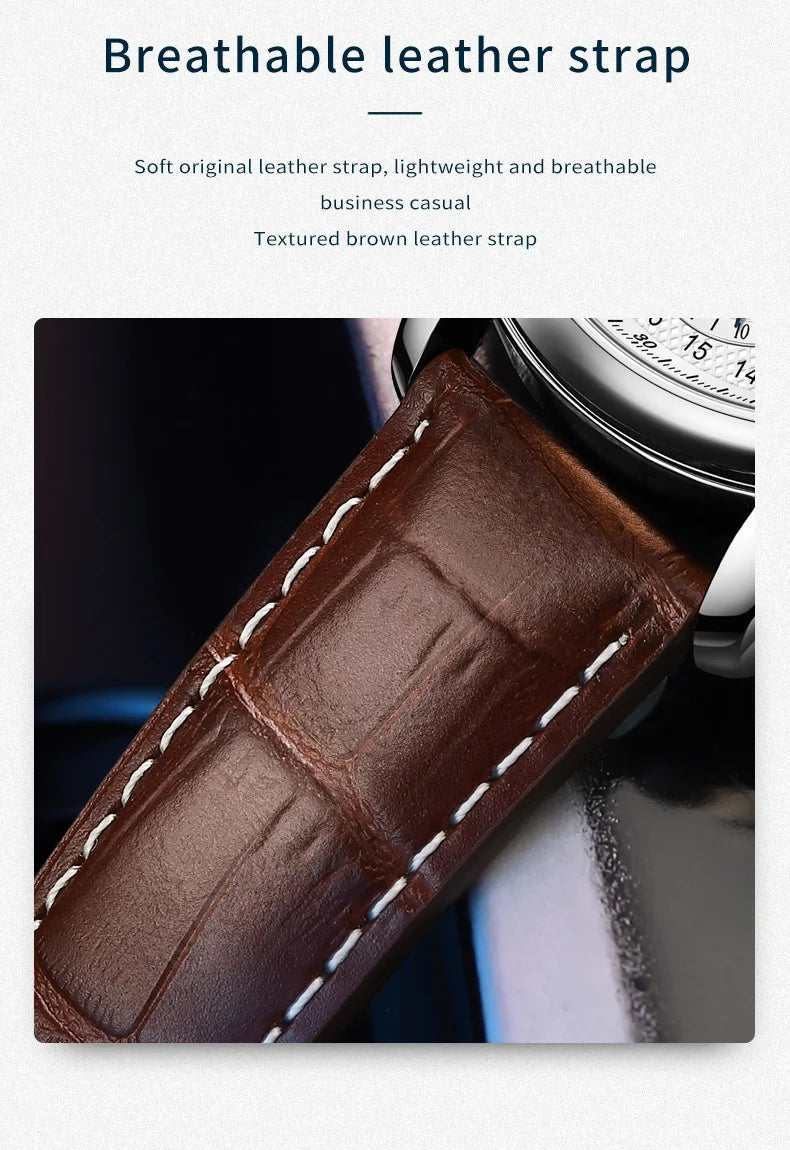 OLEVS Original Men's Automatic Wristwatch Moon Phase Calendar Waterproof Stainless Steel Leather Strap Mechanical Watch for Men