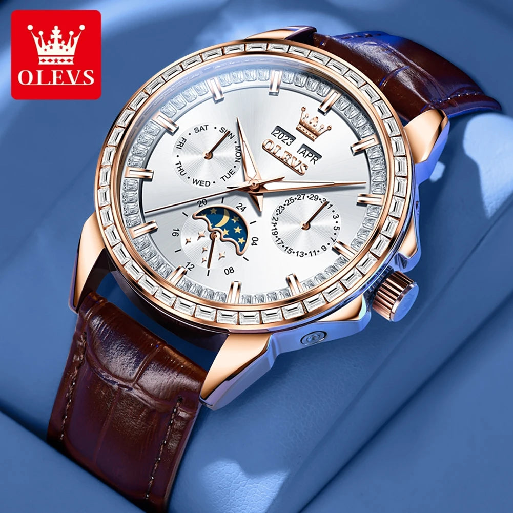 OLEVS 6695 NEW Men's Watches Full Diamond Multifunctional Dial Blue Leather Strap Calendar Week Moon Phase Waterproof Wristwatch