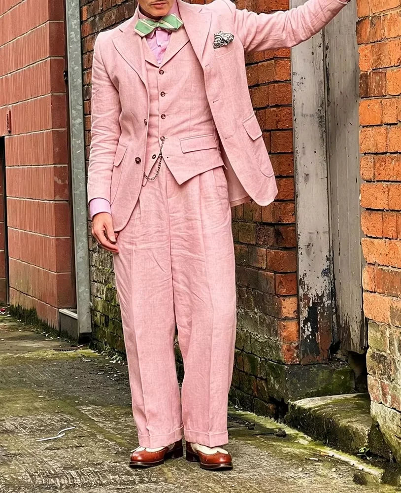 Vintage Men's Linen Suit 3 Piece Peak Lapel Linen Blazer Vest Wide Leg Pants Summer Lightweight Formal Set For Beach Wedding Pro