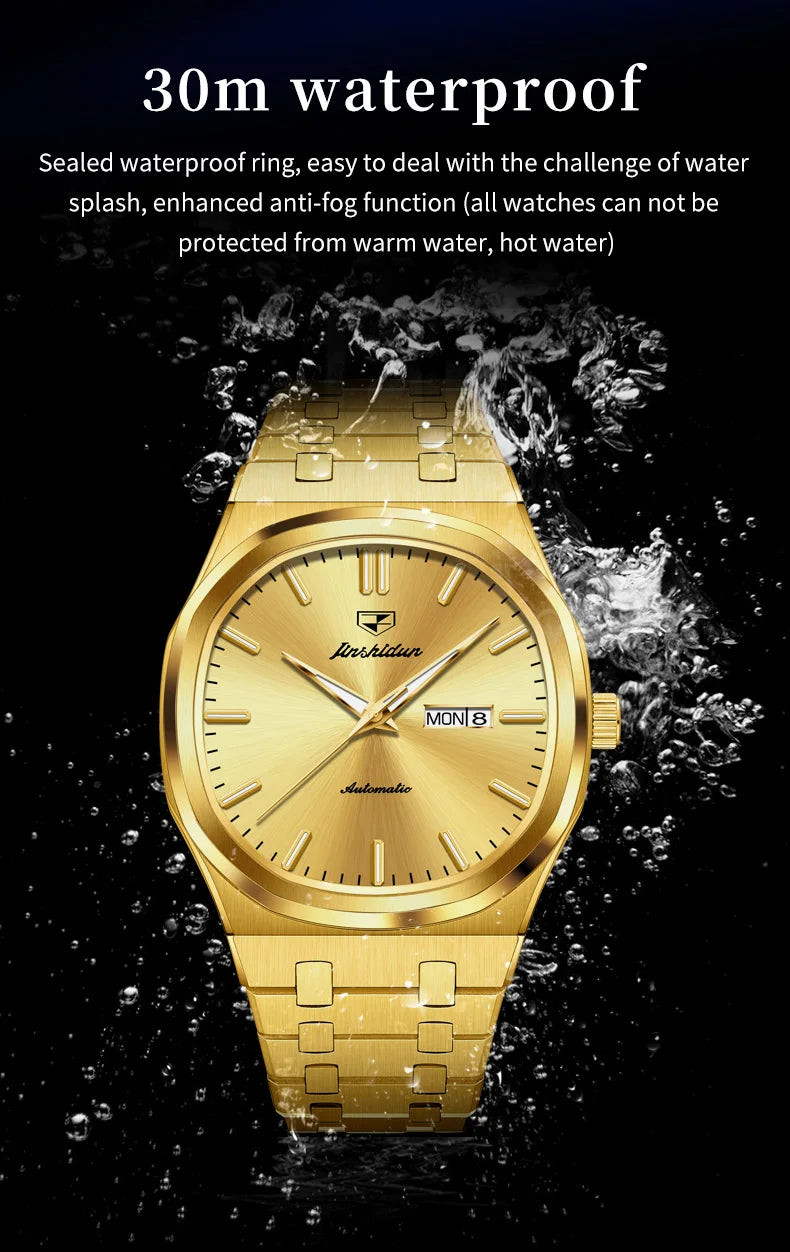 JSDUN 8966 Full Gold Watch for Men Automatic Mechanical Dual Calendar Display Waterproof Night light Man Wristwatch