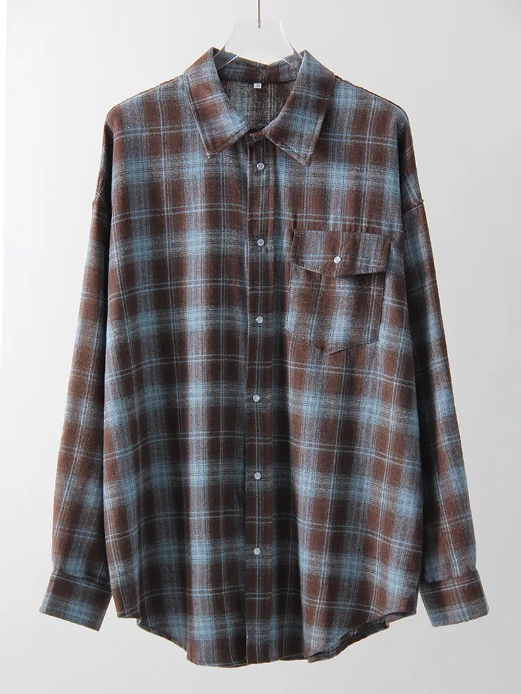 Streamgirl Oversized Plaid Shirt Women 2026 Spring Loose Vintage Long Shirts Full Sleeve Women Plaid Brown Oversized Shirt Blue
