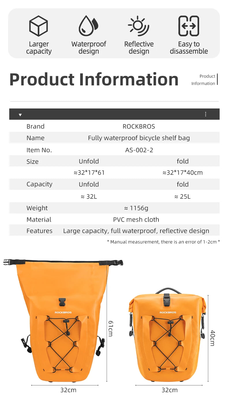 ROCKBROS Waterproof Bike Bag 25L Travel Cycling Bag Basket Bicycle Rear Rack Tail Seat Trunk Bag Bicycle Bag Panniers 1PCS