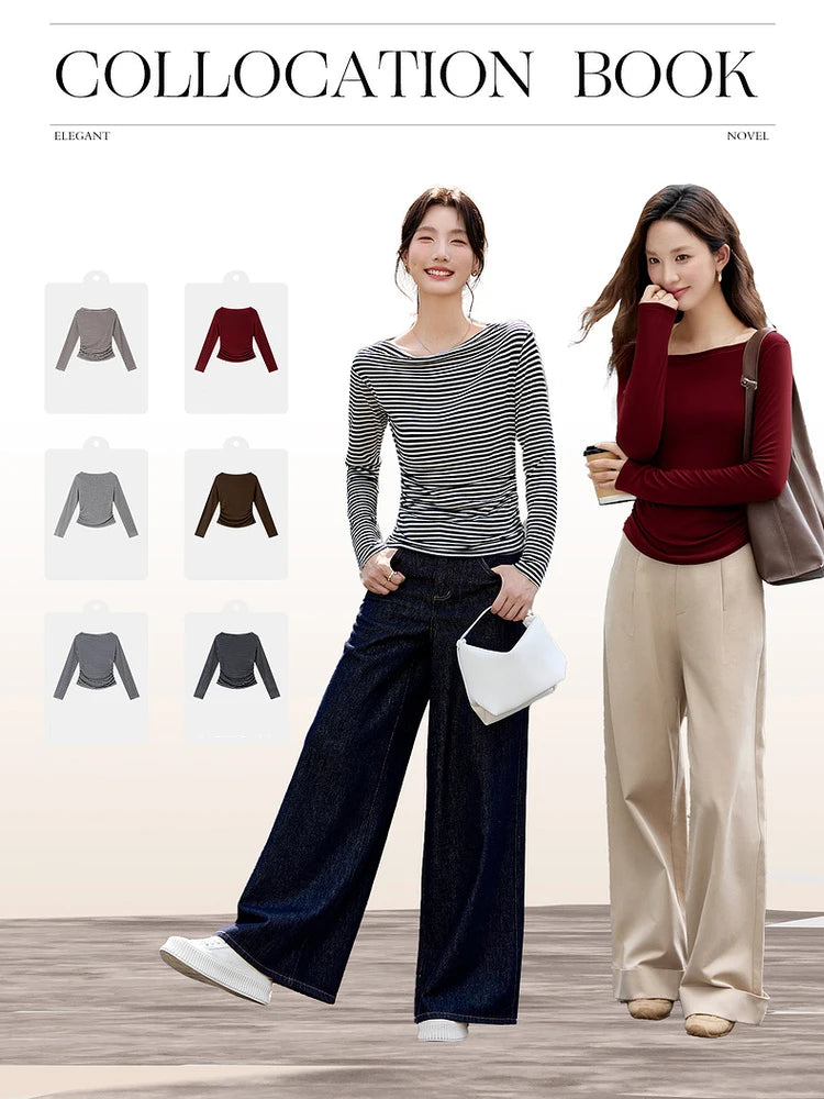VIMLY Tops Woman 2026 Spring Fall Slash Neck Long Sleeve Ladies T-shirts Casual Knitted Slim Fit Strecth Female Tees A3039