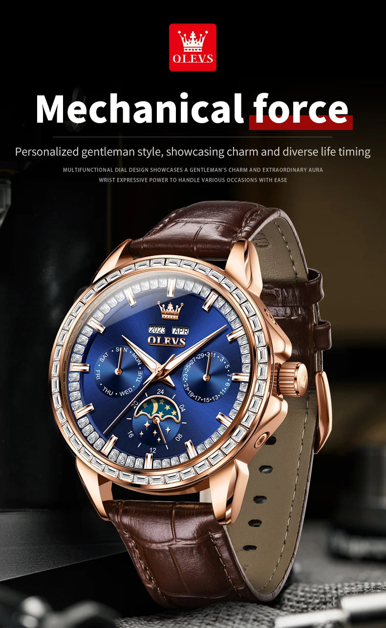 OLEVS 6695 NEW Men's Watches Full Diamond Multifunctional Dial Blue Leather Strap Calendar Week Moon Phase Waterproof Wristwatch