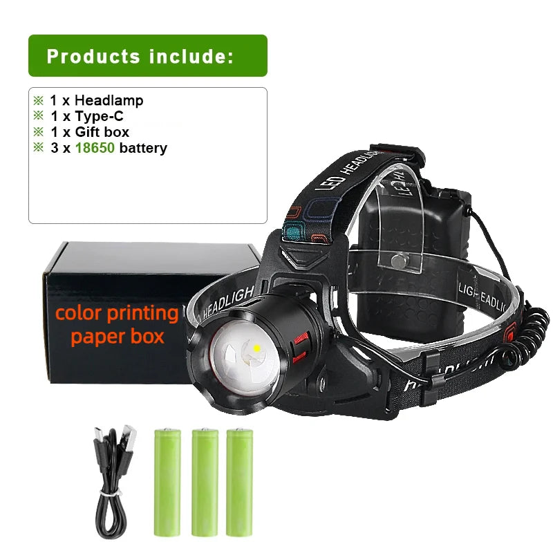 2026 Super Bright LED Headlamp Powerful  3*18650 Battery Rechargeable Projector Head Light Fishing Camping Zoom Head Lanterns