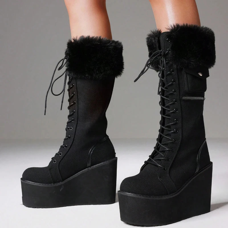 Punk Gothic Women Combat Boots Chunky Wedges Heel Fur Mid Calf Platform Luxury Winter Halloween Shoes Woman