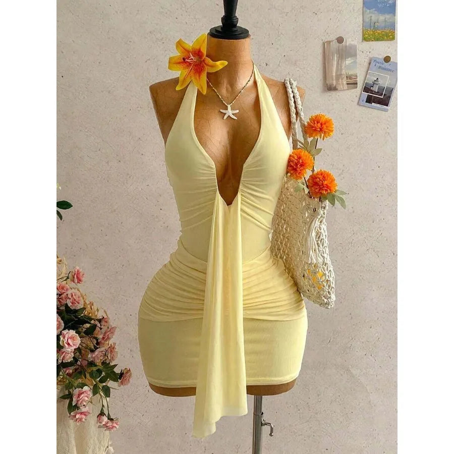 【New style】Women's Casual Vacation Sexy V-Neck Ribbon Halter Bow Tie Ruched Mini Dress, Suitable For Beach, Cruise, Resort