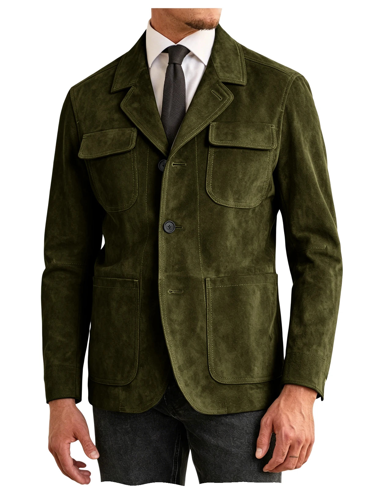 Men's Suede Safari Jacket Navy Slim Fit Fashion Multi-Pocket Notched Lapel Retro Casual Hunting Blazer For Business Daily Wear