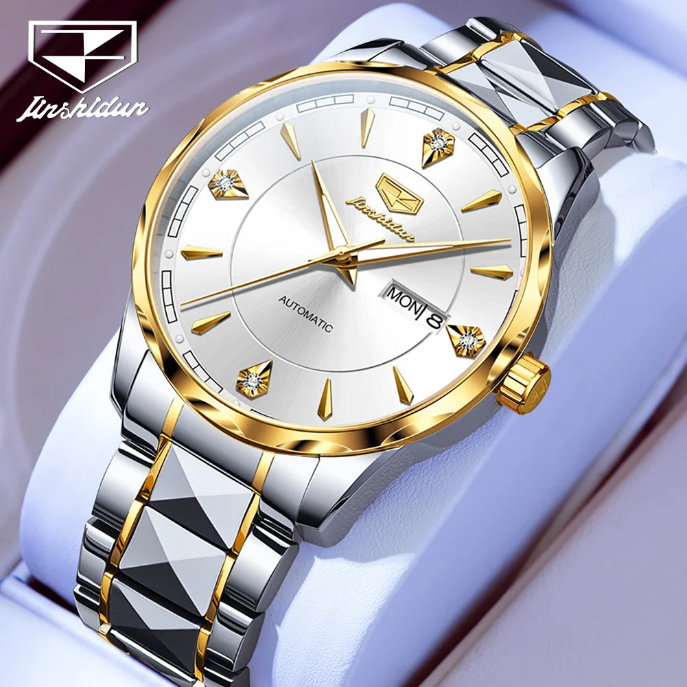 JSDUN High End Men's Watches Auto Calendar Week Tungsten steel Sapphire Mirror Automatic Mechanical Watch for Men Luxury Brand