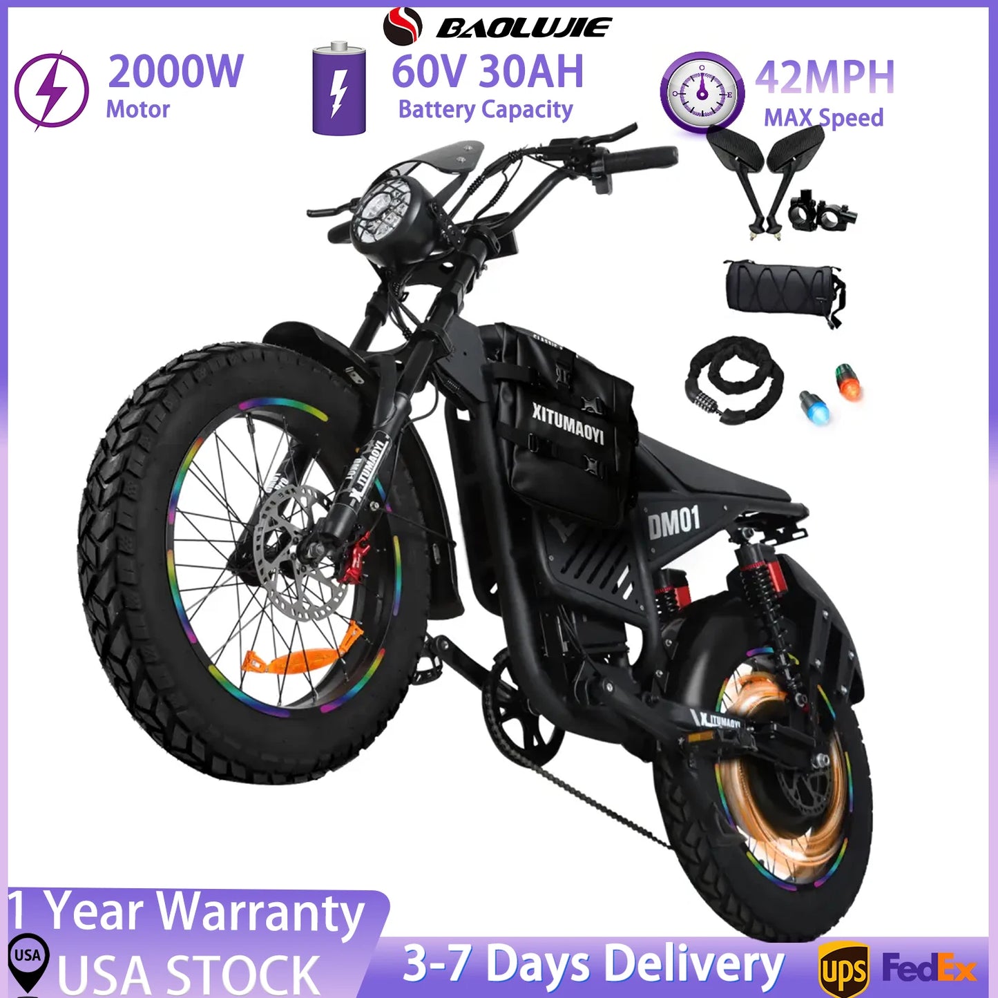 BAOLUJIE DM01 Electric Motorcycle 2000W Moto Electric Bicycle 60V30AH Battery Color Display 42 MPH EBike UL2849【1 Year Warranty】