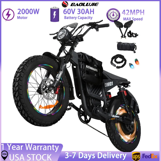 BAOLUJIE DM01 Electric Motorcycle 2000W Moto Electric Bicycle 60V30AH Battery Color Display 42 MPH EBike UL2849【1 Year Warranty】