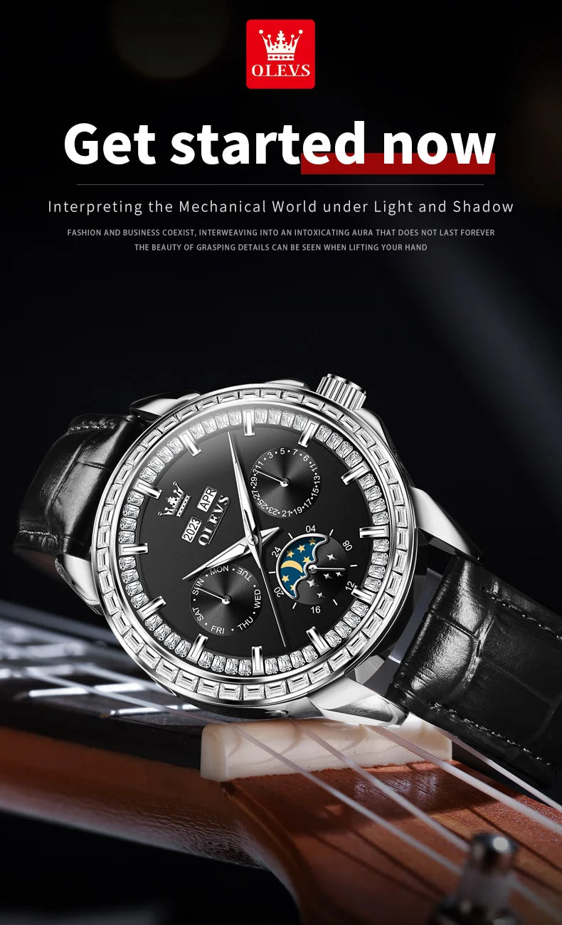 OLEVS 6695 NEW Men's Watches Full Diamond Multifunctional Dial Blue Leather Strap Calendar Week Moon Phase Waterproof Wristwatch