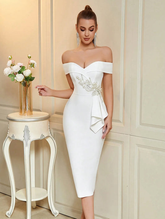 Elegant Off Shoulder Beaded Midi Dress for Prom, Wedding Guest, Cocktail Party, White