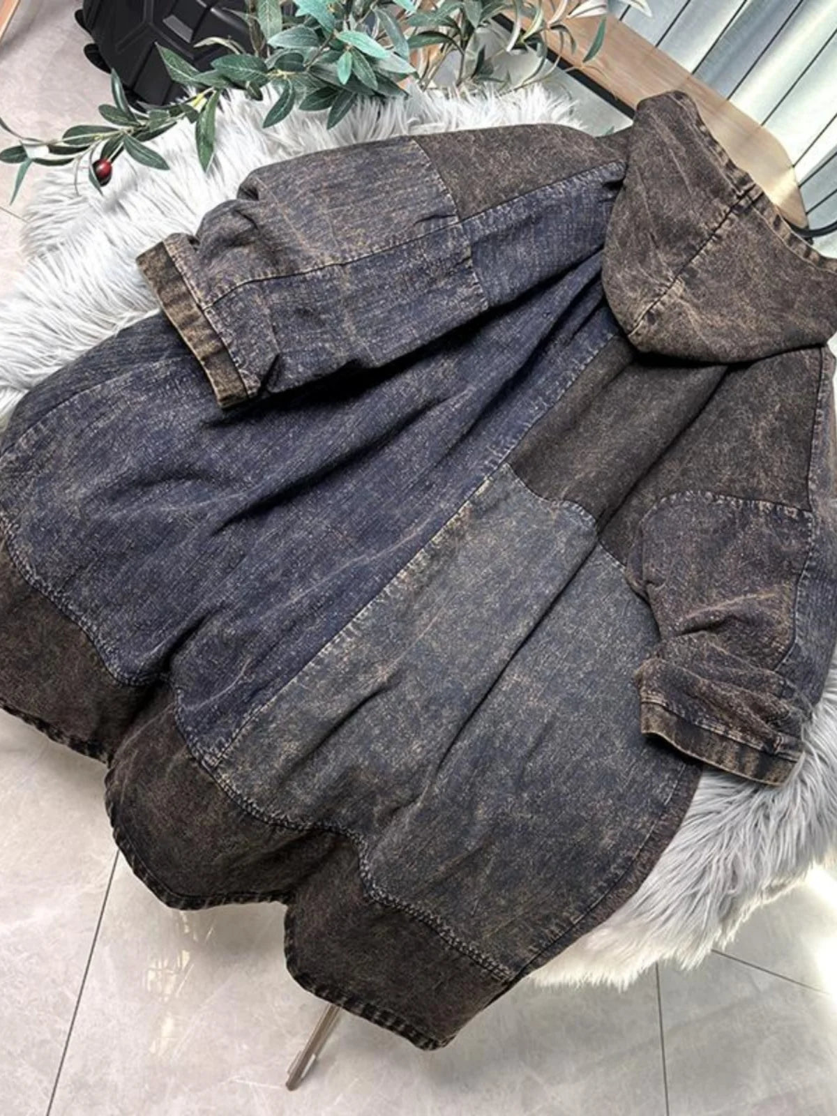 Chinese Style Personalized Old Fabric Denim Patchwork Hooded Vintage Loose Long Sleeved Dress Women Spring Autumn MCP008