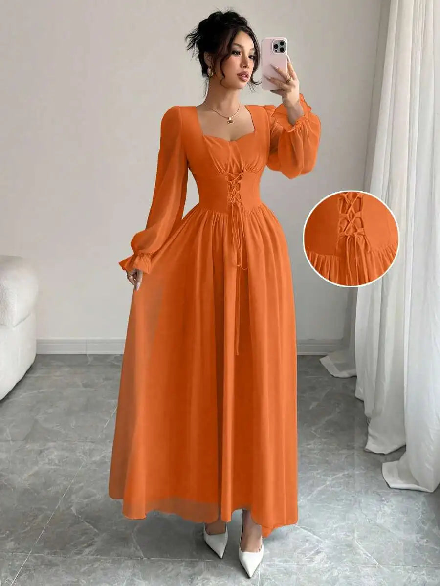 Elegant Blue Long Sleeve Maxi Dress with Corset Lace-Up Waist, Square Neck, Ruffled Cuffs for Spring Summer Events