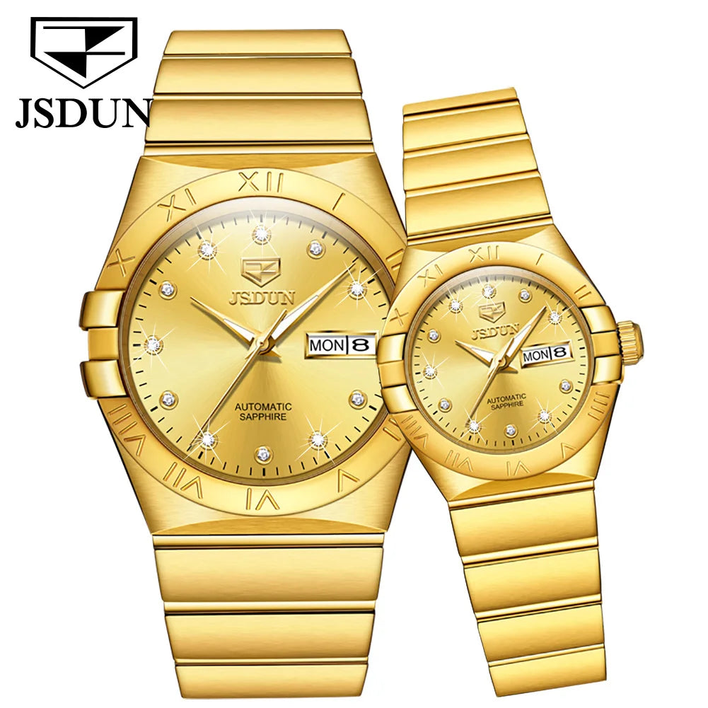 JSDUN Automatic Couple Watches Japan Movement Sapphire Mirror 100M Waterproof Luxury Diamond Gold Watch Lover's Watch Set Gift