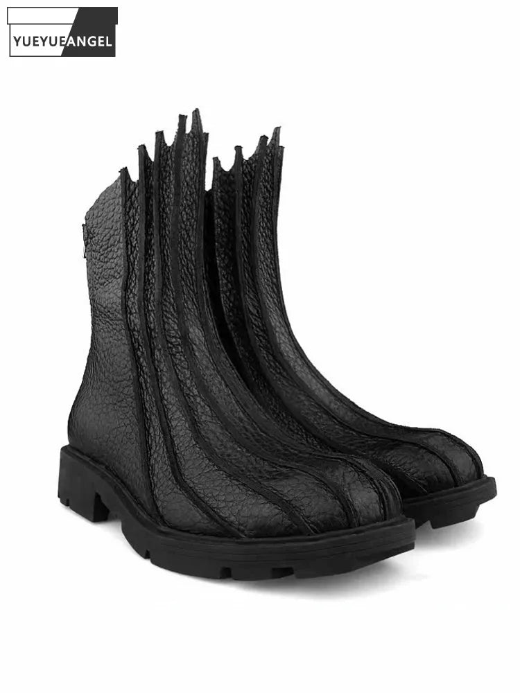 Winter New Mens Casual Black Designer Genuine Leather Comfortable Boots Mid Heel Zipper Motorcycle Round Toe Shoes Fashion Male