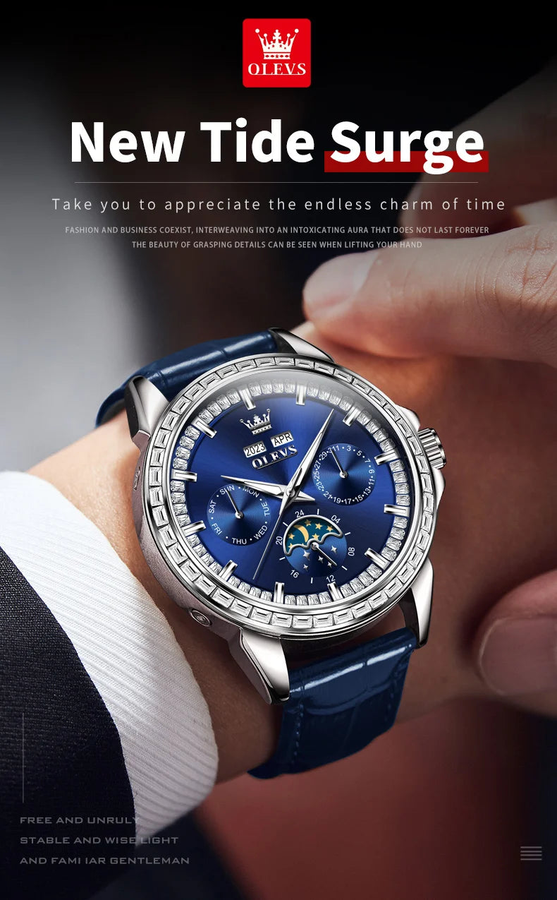 OLEVS 6695 NEW Men's Watches Full Diamond Multifunctional Dial Blue Leather Strap Calendar Week Moon Phase Waterproof Wristwatch