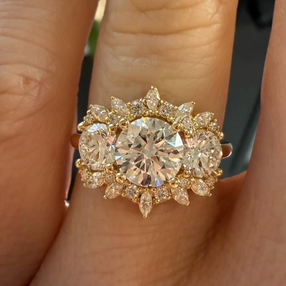 S925 Sterling Silver Round 2CT Moissanite Ring Set Fine Jewelry Gold-plated 18k Suitable for Gift Giving Birthday Gift