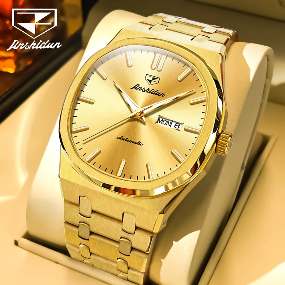 JSDUN 8966 Full Gold Watch for Men Automatic Mechanical Dual Calendar Display Waterproof Night light Man Wristwatch