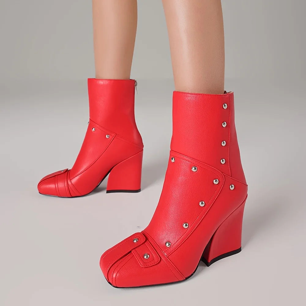 Women's Punk Square Toe Ankle Boots Fashion Rivet Patchwork Back Zipper Chunky High Heel Party Boots Woman