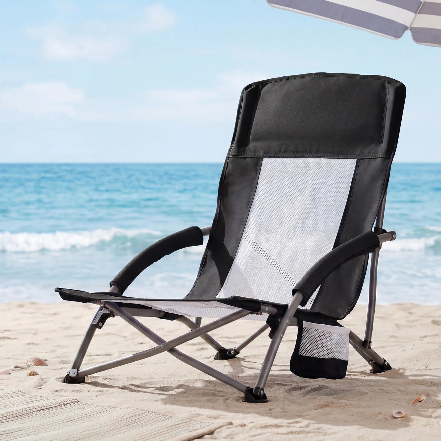 MCQ Outdoor Folding Low Beach Chair Collapsible Padded with Cup Holder Storage Bag Mesh Back Portable Camping Chair for Garden