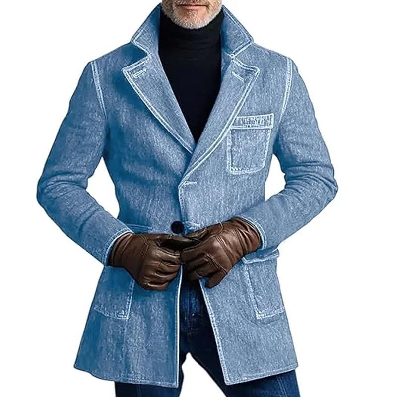 1940s Men's Washed Denim Trench Coat Mid Length Vintage Slim Fit Notched Lapel Faded Jean Coat For Business Casual Daily Wear