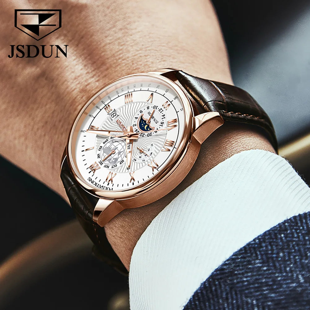 JSDUN Men Mechanical Watch Top Brand Luxury Automatic Watch Leather Waterproof Sports Moon Phase Wristwatch relogio masculino