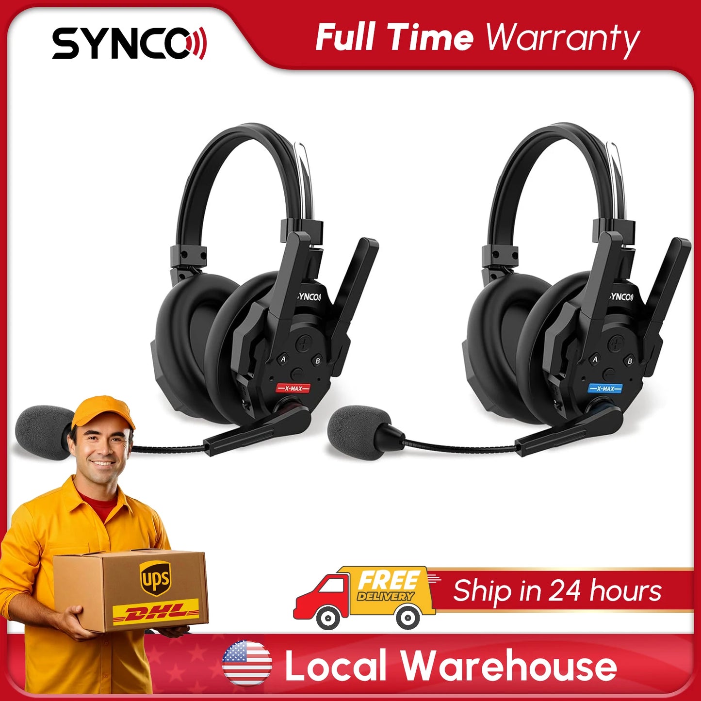 SYNCO XTALK XMAX2 Wireless Intercom Headset System 2 Person Dual Ear Communication Headsets 500m/1640ft with Noise Reduction