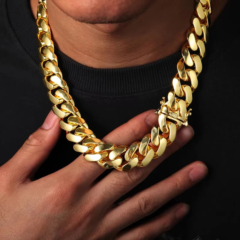 8-22mm Hip Hop Bling Gold Color Stainless Steel  Cuban Miami Link Chain Necklaces for 18k Gold-plated Men Rapper Jewelry(1PC)