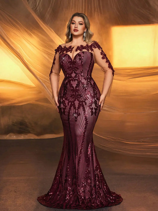 Plus Size Mermaid Evening Gown with Sequin Embroidery, Long Sleeve, Hollow Neck, Floor Length for Formal Parties