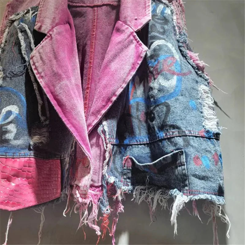 DEAT Women Denim Waistcoat Turn-Down Collar Burrs Edge Tassel Do Old Graffiti Single Button Vest 2026 Spring New Fashion 29A5833