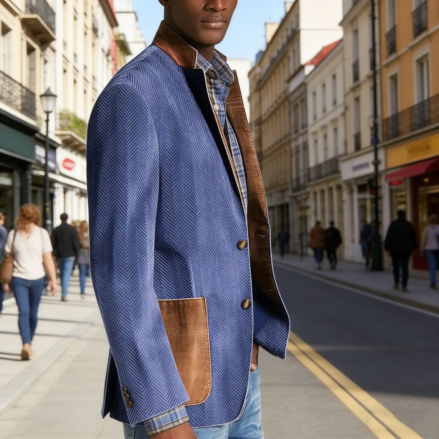 Vintage Men's Herringbone Blazer Casual Patchwork Suede Trim Notched Collar Suit Jacket Slim Fit Fashion Business Sport Coat
