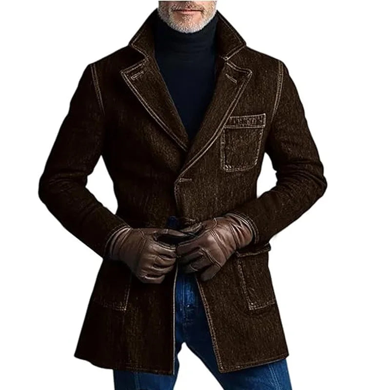 1940s Men's Washed Denim Trench Coat Mid Length Vintage Slim Fit Notched Lapel Faded Jean Coat For Business Casual Daily Wear