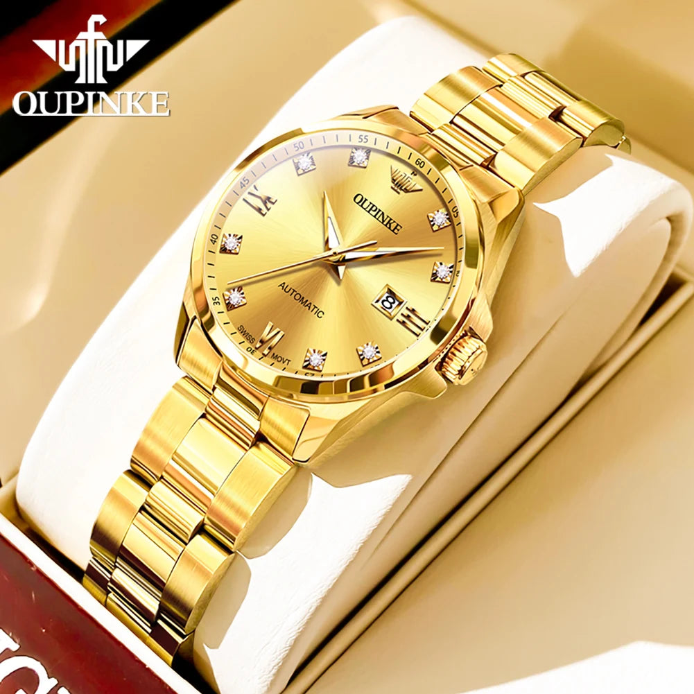 Original OUPINKE 3199 Swiss Automatic Mechanical Watch for Women Real Diamond Sapphire Mirror Ladies Watch Bracelet Set Gift NEW