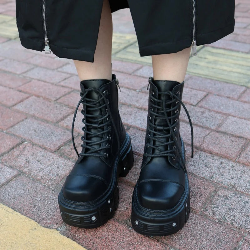 Gothic Motorcycle Boots Fashion Large Size Thick Heel Knight Boots Platform Metal Decoration Ankle Boots Punk High Top Shoes Ins