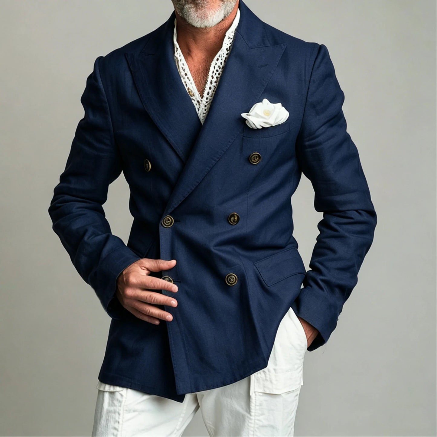 Men's Chic Peak Lapel Linen Blazer Double Breasted Slim Fit Formal Suit Jacket Summer Business Wedding Party Beach Daily Coat