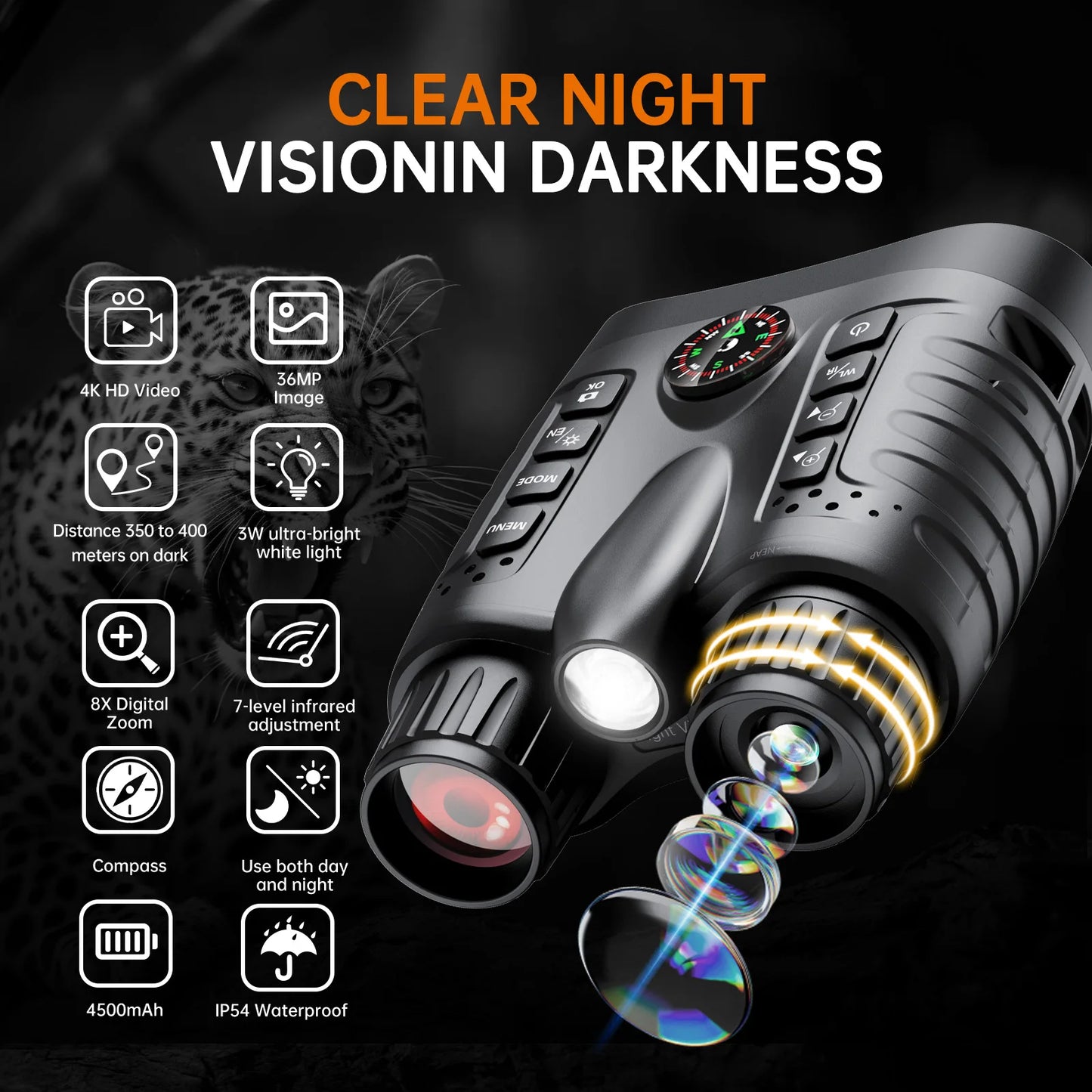 4K Night Vision Binoculars 8X Digital Zoom With Tactical Light 4500mAh Infrared Vision Night Goggle For Hunting Camping Boating