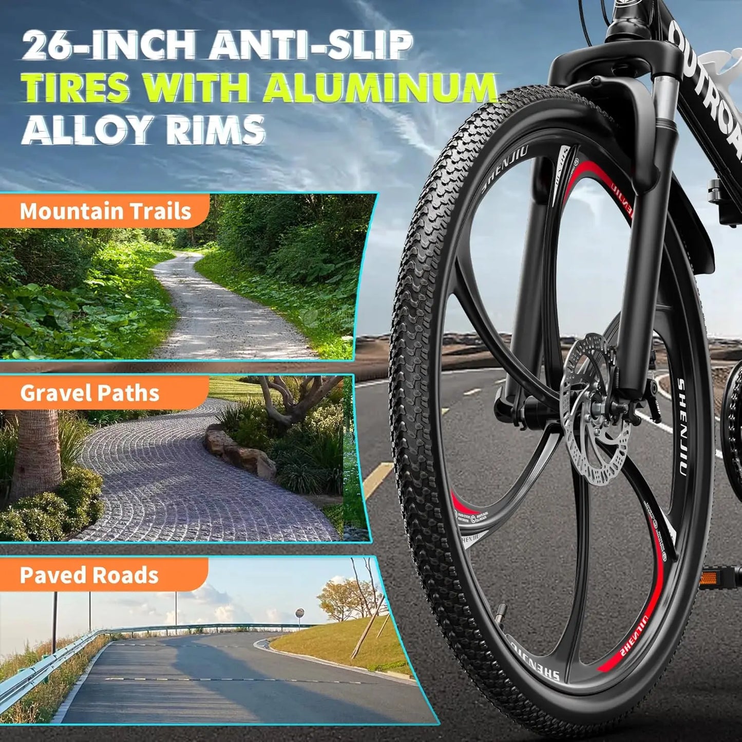 26 inch Folding Mountain Bike, Carbon Steel Frame and 21 Speed, Double Disc Brake and Dual Suspension Folding Bike