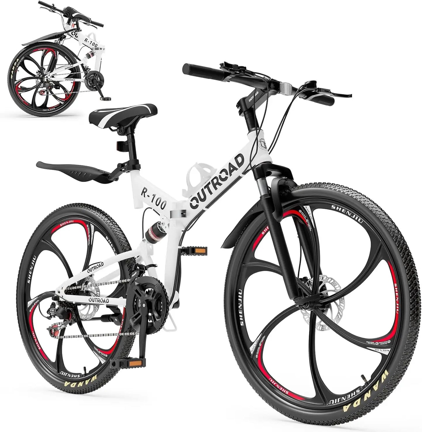 26 inch Folding Mountain Bike, Carbon Steel Frame and 21 Speed, Double Disc Brake and Dual Suspension Folding Bike