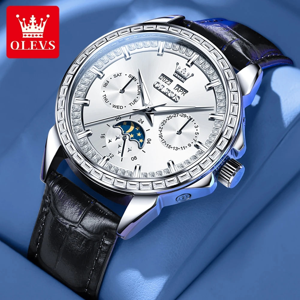 OLEVS 6695 NEW Men's Watches Full Diamond Multifunctional Dial Blue Leather Strap Calendar Week Moon Phase Waterproof Wristwatch